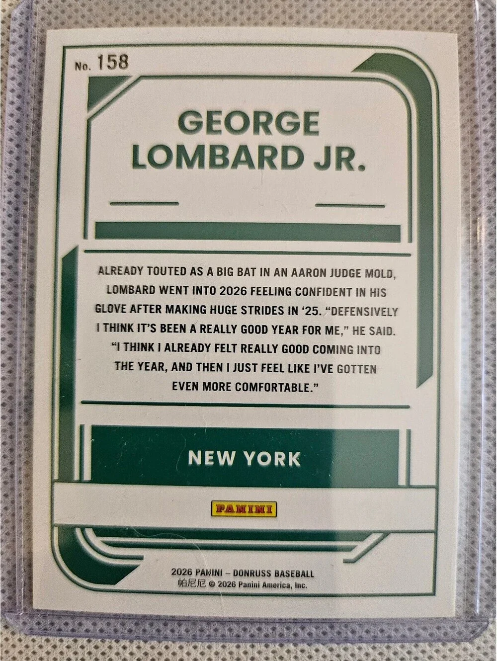 George Lombard Jr. [RC] #158 2026 Panini Donruss - Rated Prospect - NY Yankees